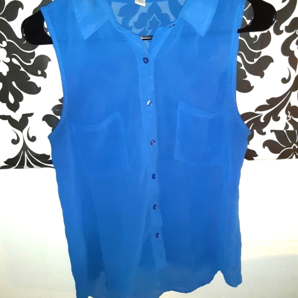 Royal Blue Sheer Collared Blouse, Women’s Medium Sleeveless High Low Top